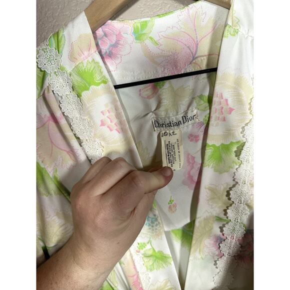 Vintage Christian Dior Lingerie PInk Green Floral Lace Robe Wrap Size Small - Picture 3 of 10